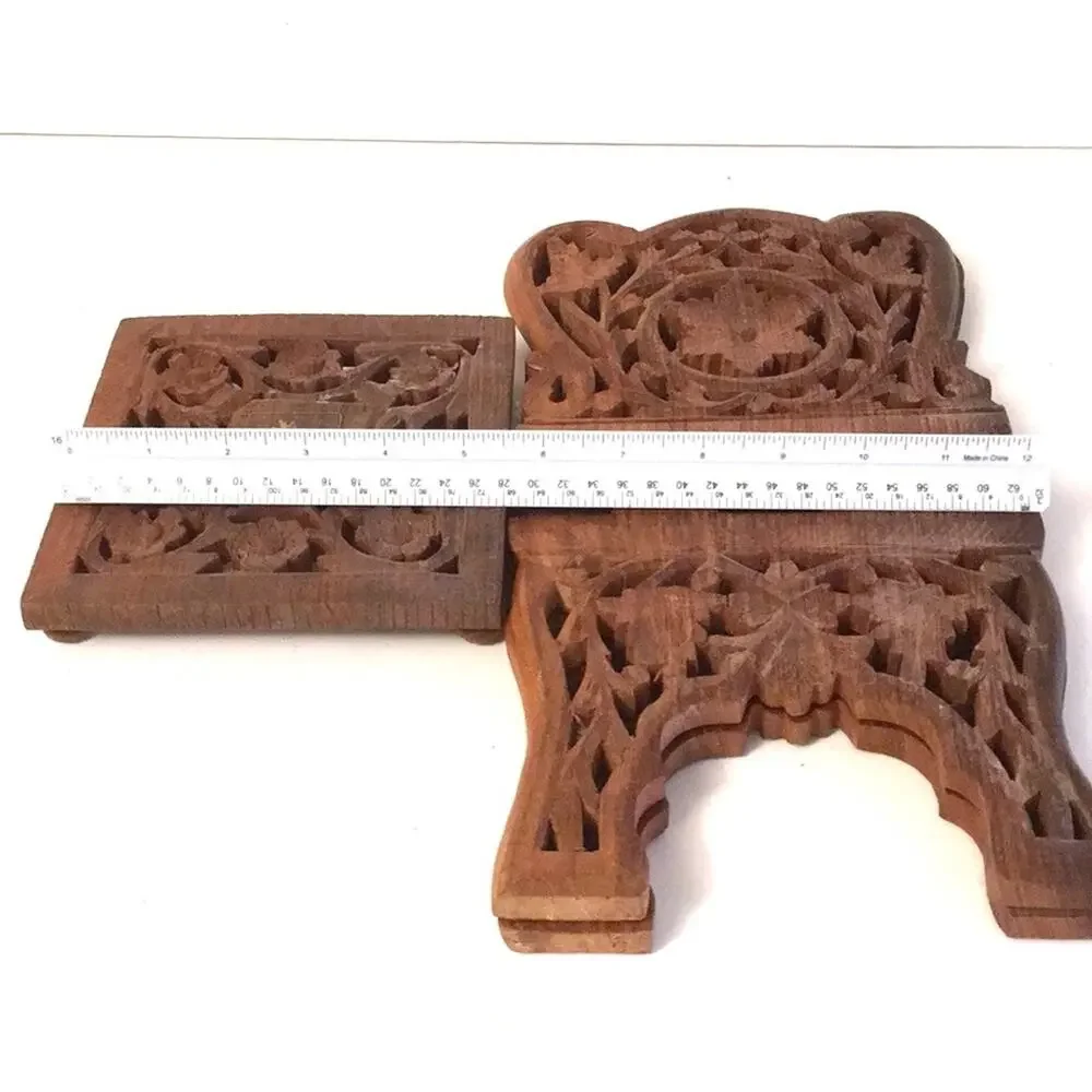 Vintage wooden handcrafted carved book holder tray